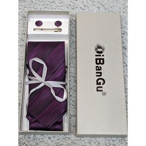 DiBanGu Men's Tie Gift Set Purple Black Striped Cufflinks Tie Clip Boxed 3"x60"